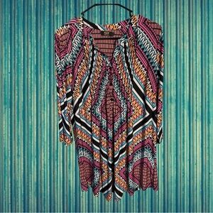 R&B Collection Printed Boho Tunic Top in Pink, Teal and Black size L
